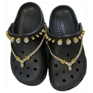 Crocs Classic Clog Tiara Black Gold Diamonds Gemstones Women`s 9